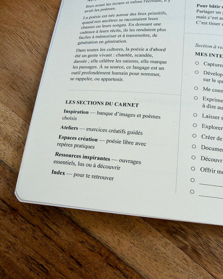 Carnet de poésie — Force naturelle de l’Edamame, journaling guidé, les sections du carnet