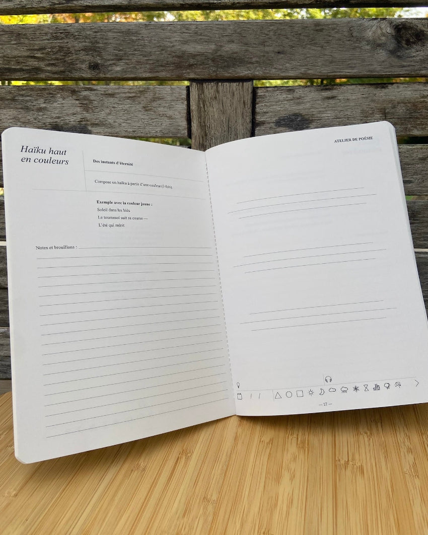 Carnet de poésie — Force naturelle de l’Edamame, journaling guidé, ouvert sur une page Atelier de haïku 