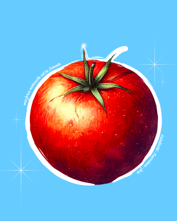 Hoodie de qualité supérieure « Les forces naturelles » — couleur beu ciel — étampe Tomate — détail de l'étampe