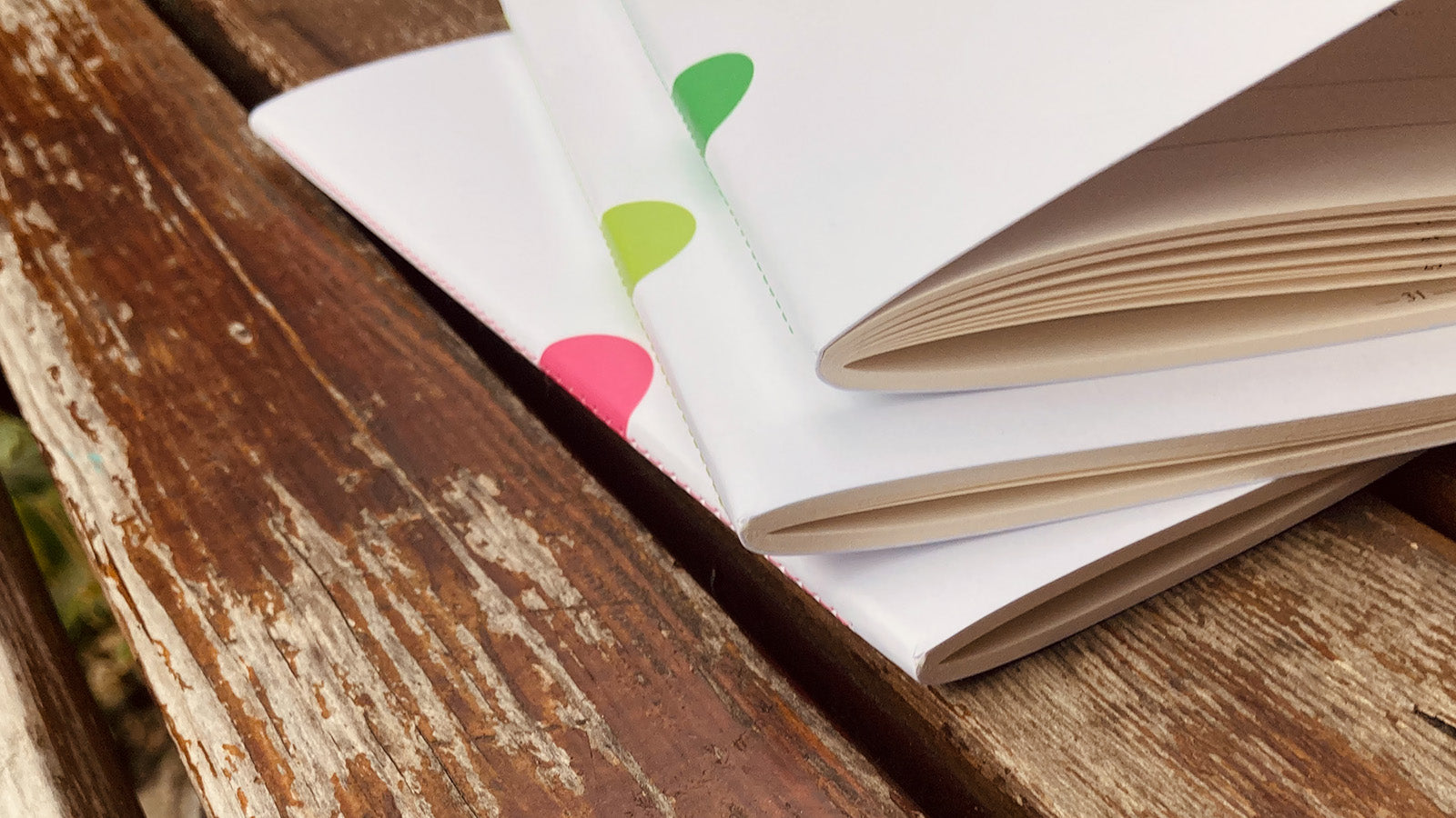 Trois carnets journaling Les Forces Naturelles sur un banc